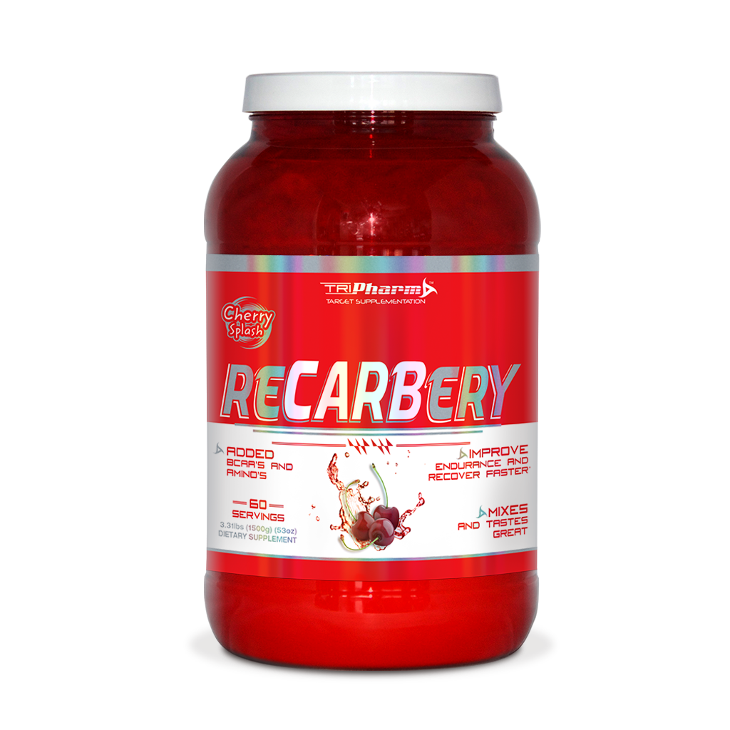 A large plastic tub of Tripharm Recarbery cherry flavor dietary supplement powder, featuring a red label and white cap on a white background.